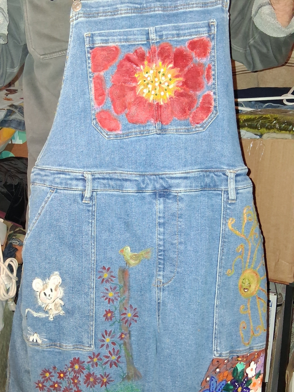 Ava & Viv Blue Denim Women's Overalls with Painted Cat and Eye